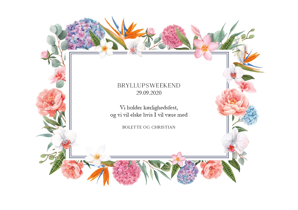 
                Bryllupsinvitation med smukke farvestrålende akvarelmalede blomster                